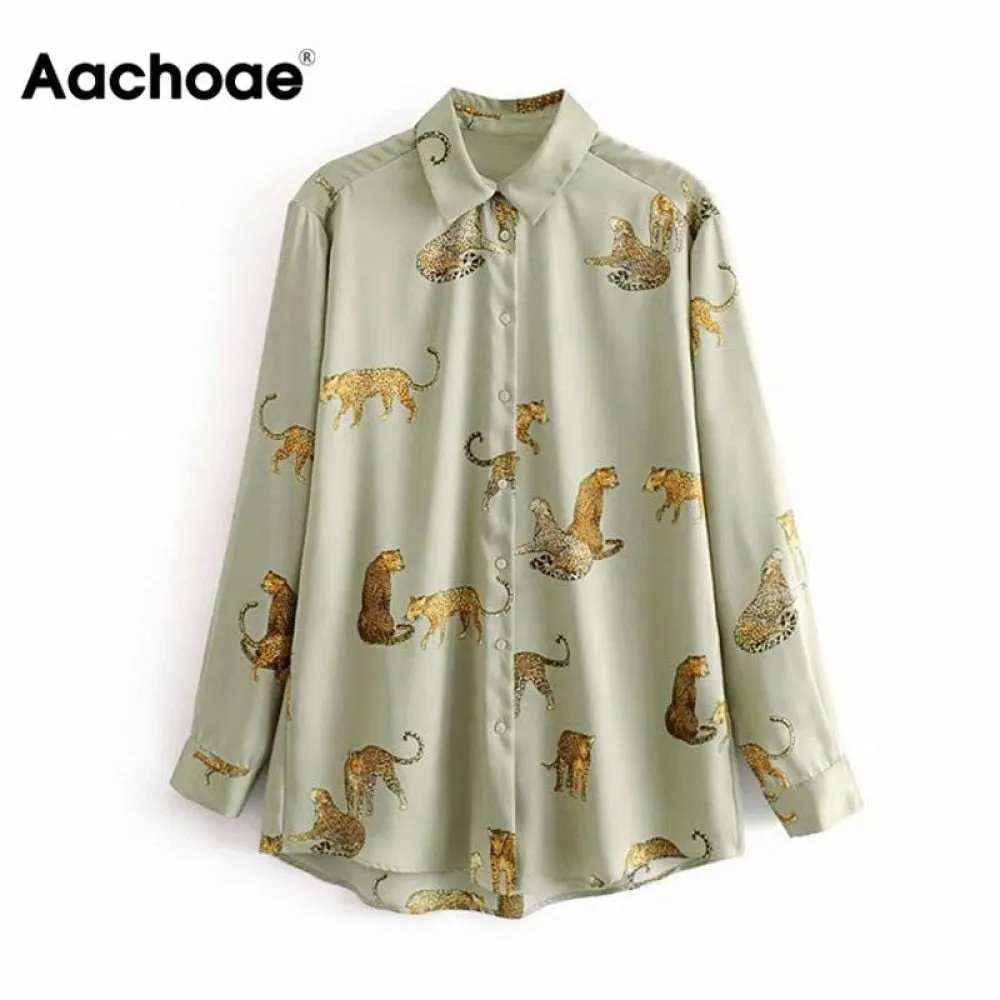 2021 Aachoae Leopard Woman's Turn Down Collar Blouse Long Sleeve  Size XS - Plus Size