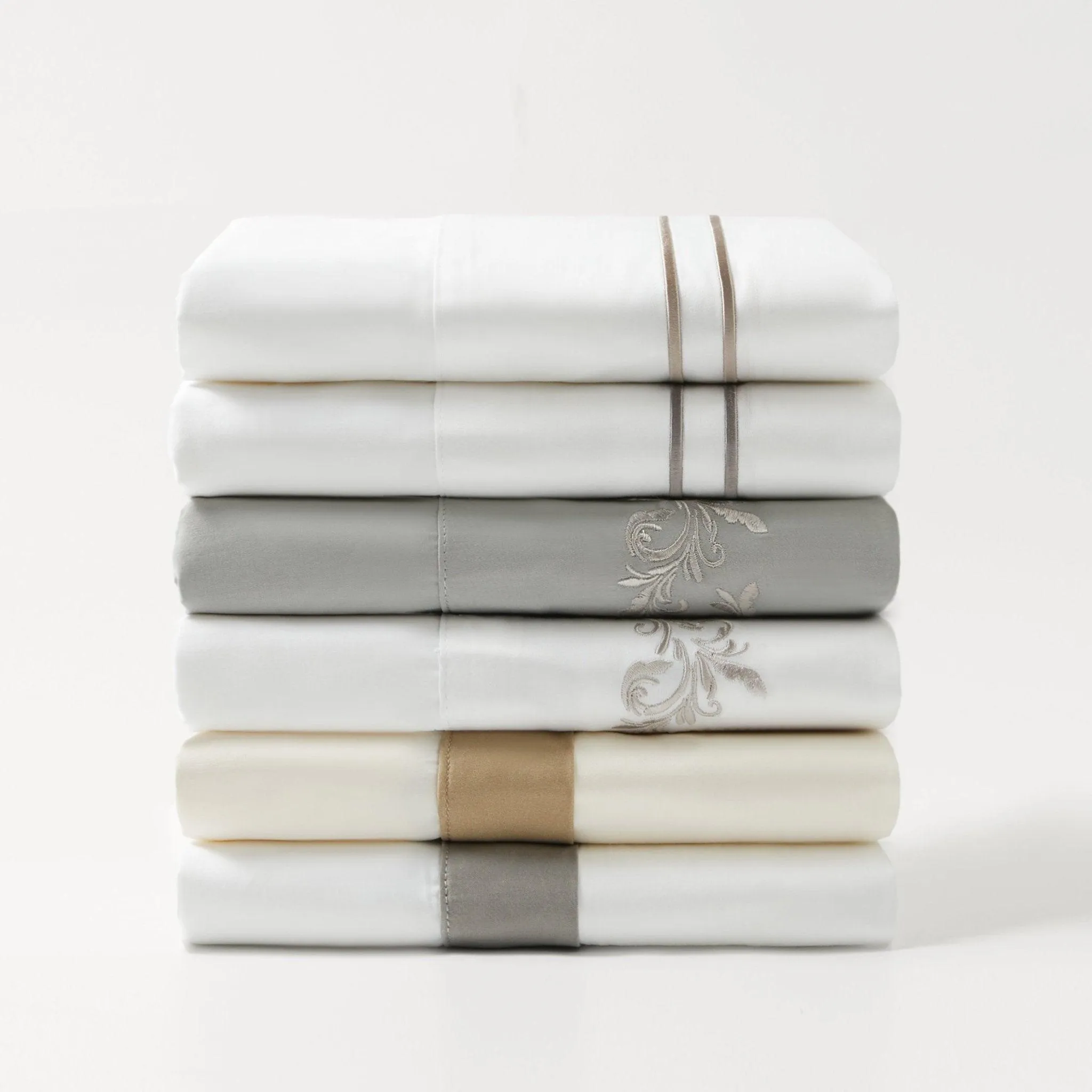 350 TC Taupe Stripe Embroidered White Sheet Set