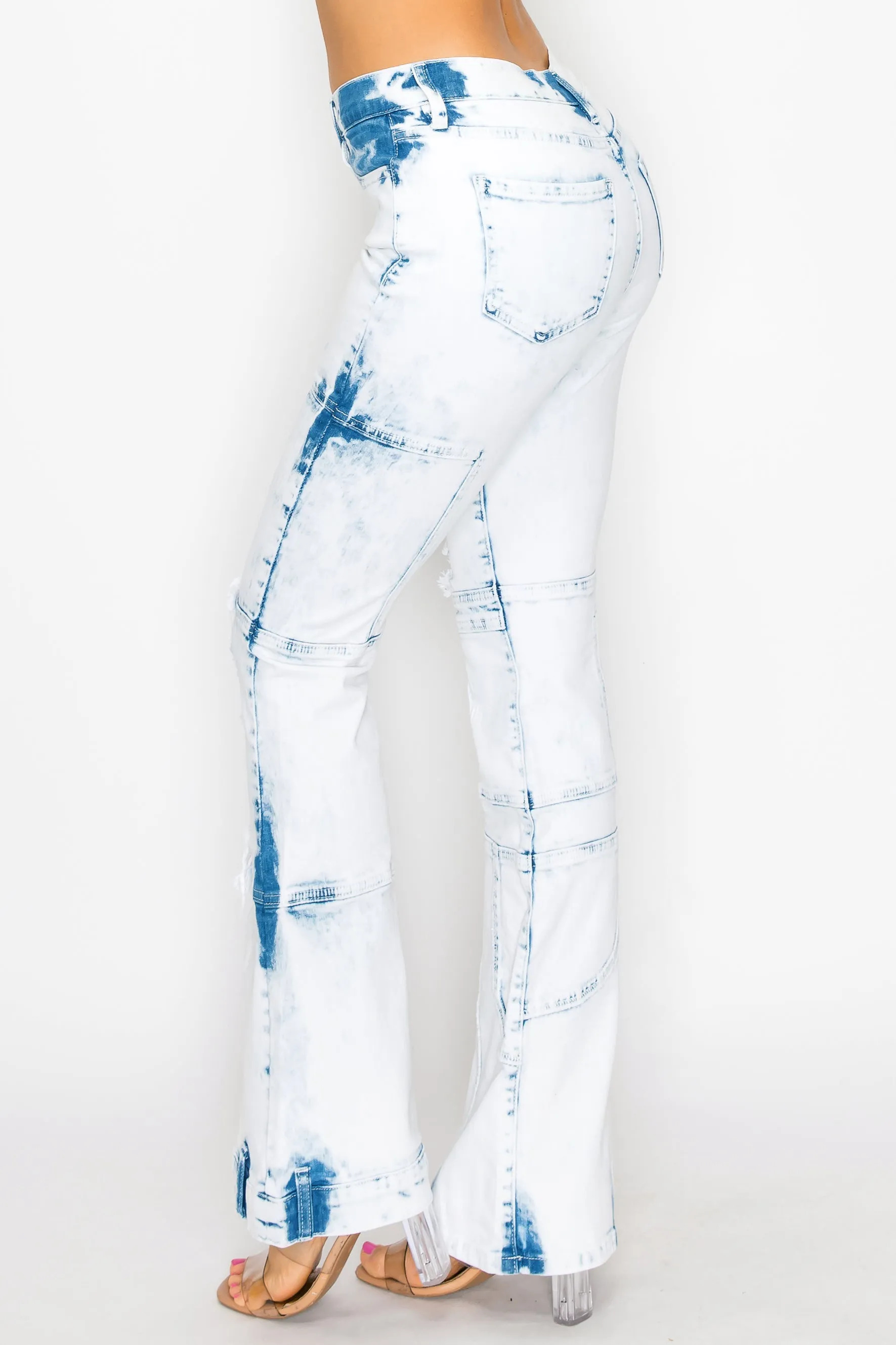 40567 Women's Mid Rise Bleached Flare Jeans W/ upper leg destruction