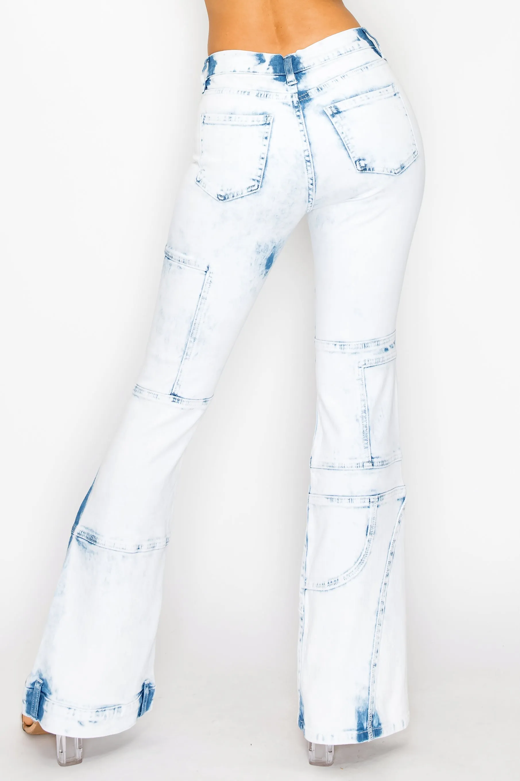 40567 Women's Mid Rise Bleached Flare Jeans W/ upper leg destruction