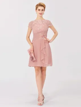 A-Line Illusion Neck Short / Mini Chiffon / Sheer Lace Mother of the Bride Dress with Side Draping / Flower/ Illusion Sleeve / See Through