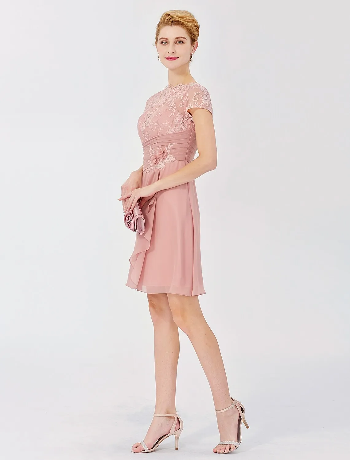 A-Line Illusion Neck Short / Mini Chiffon / Sheer Lace Mother of the Bride Dress with Side Draping / Flower/ Illusion Sleeve / See Through