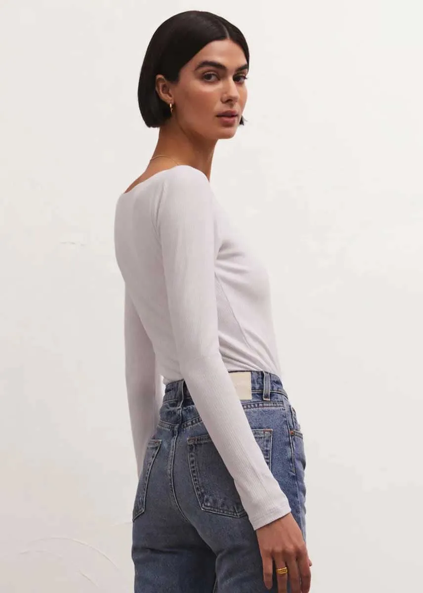 Aden V-Neck Rib Top - White