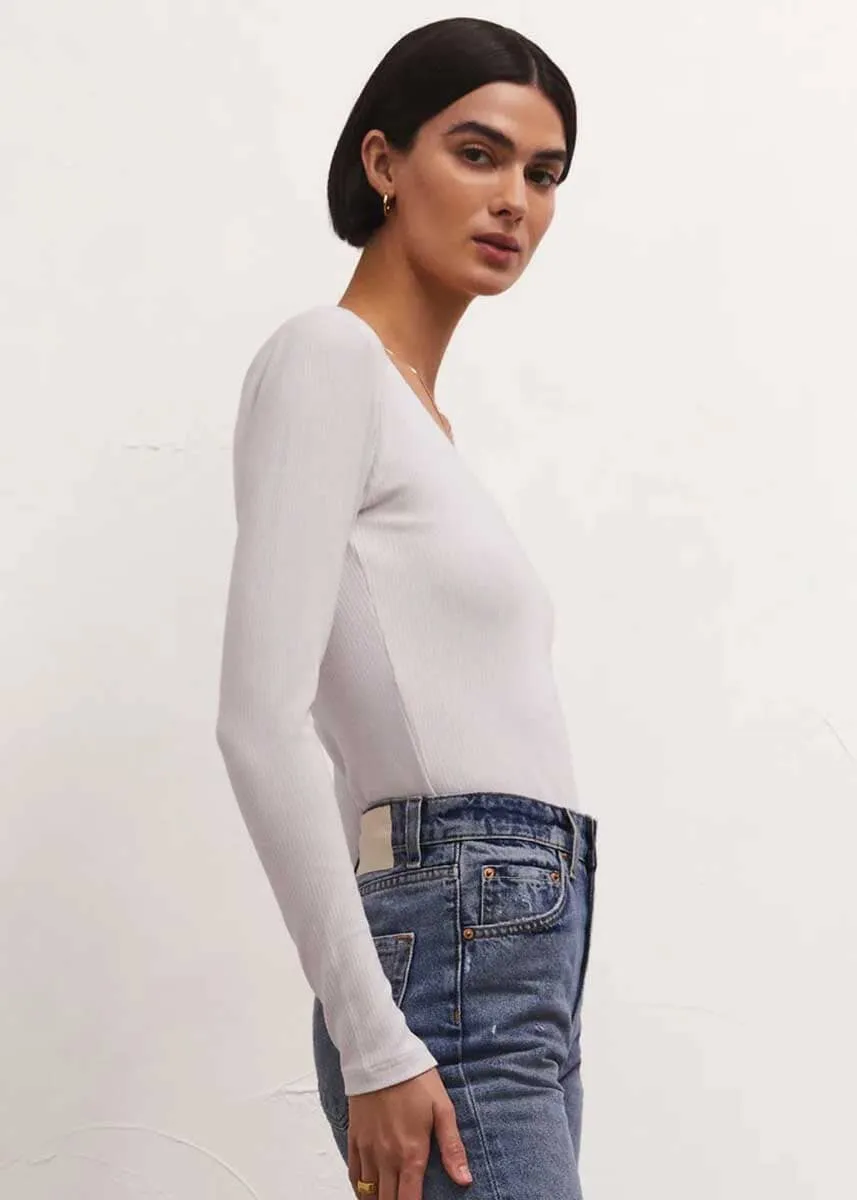 Aden V-Neck Rib Top - White