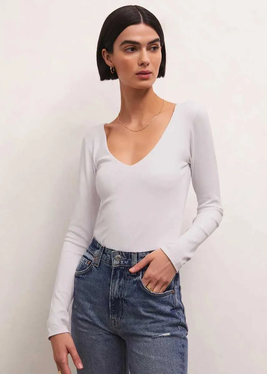 Aden V-Neck Rib Top - White