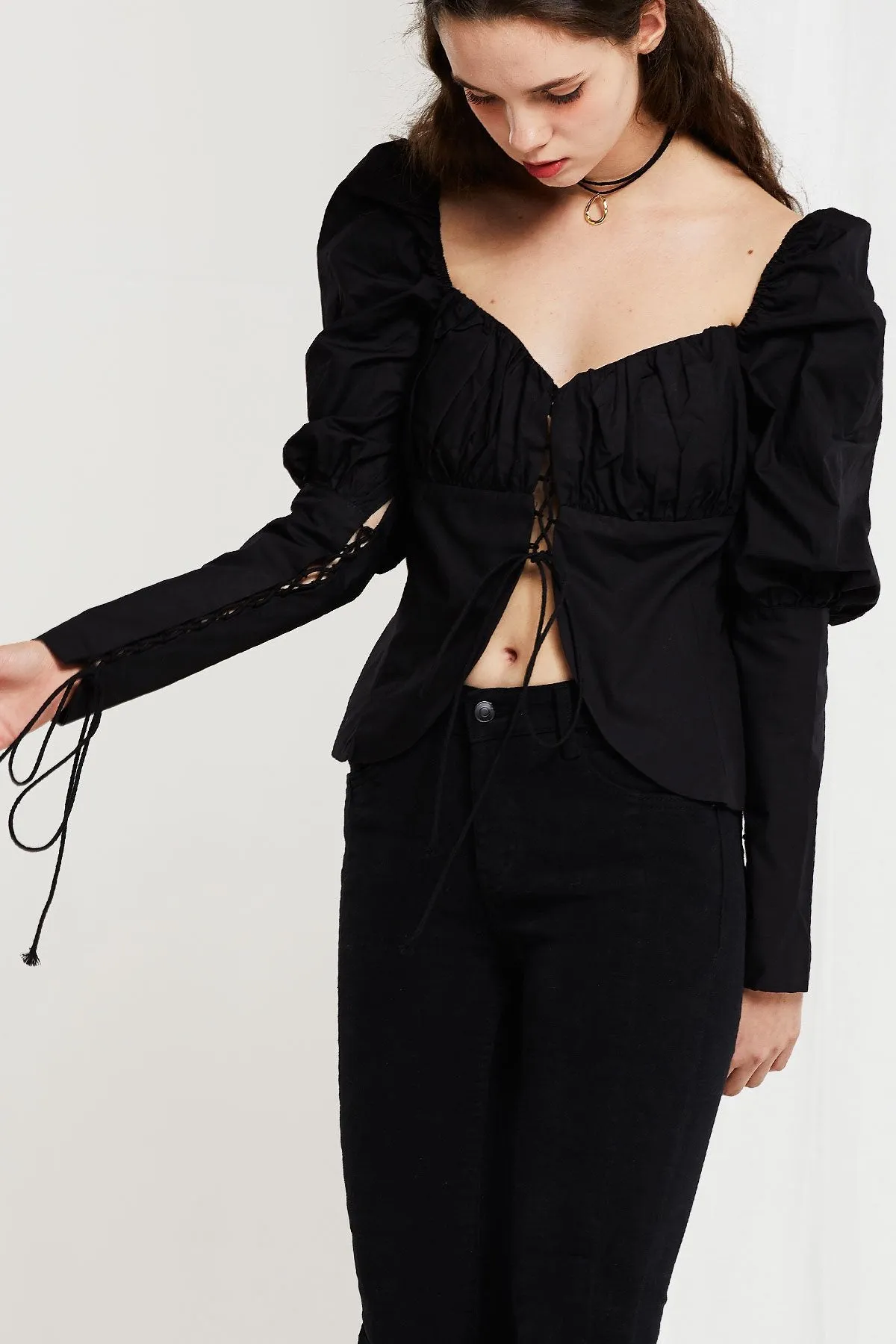 Anna Lace Up Blouse with Puff Sleeve-2 Colors