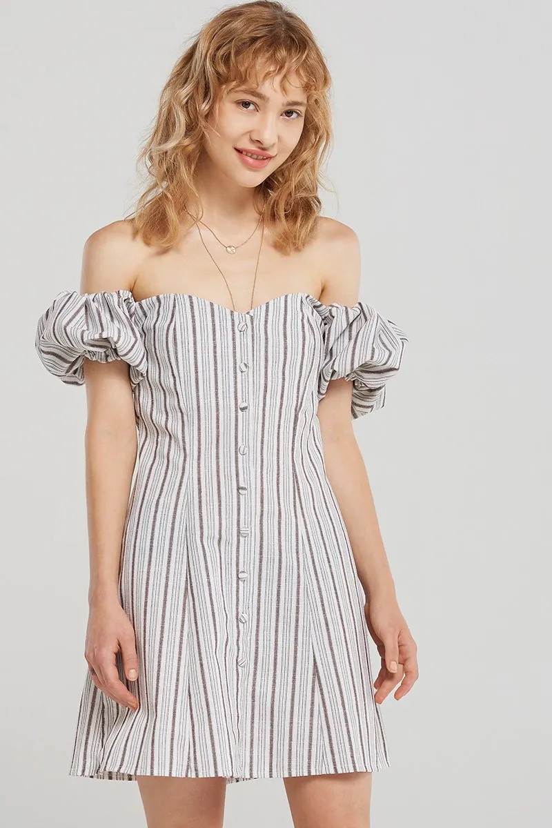 Ariyah Buttoned Stripe Off Dress-Brown