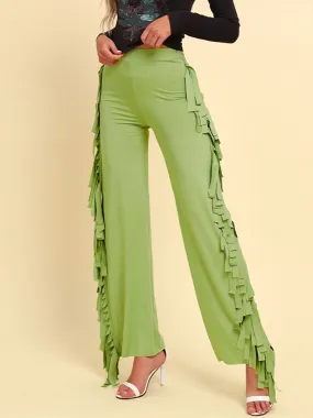 BerriesJam - 2024 Solid Fringe Trim Casual High Waist Straight Leg Trousers