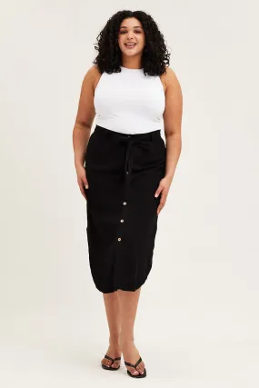 Black Button Front Linen Blend Midi Skirt