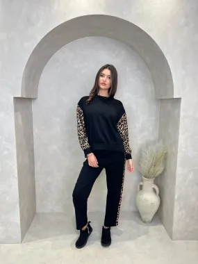 Black Leopard Print Trim Straight Leg Jogging Bottoms