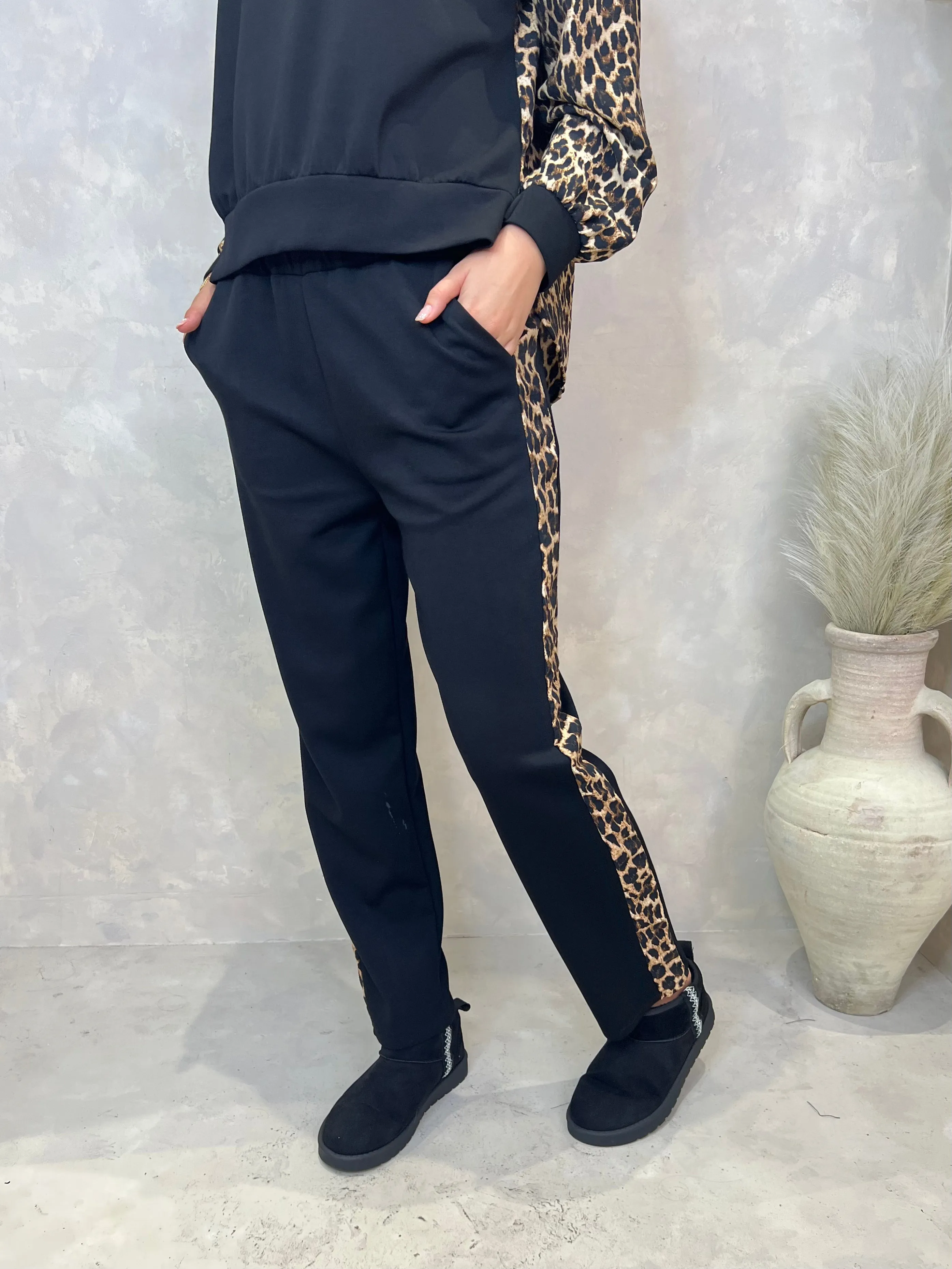 Black Leopard Print Trim Straight Leg Jogging Bottoms