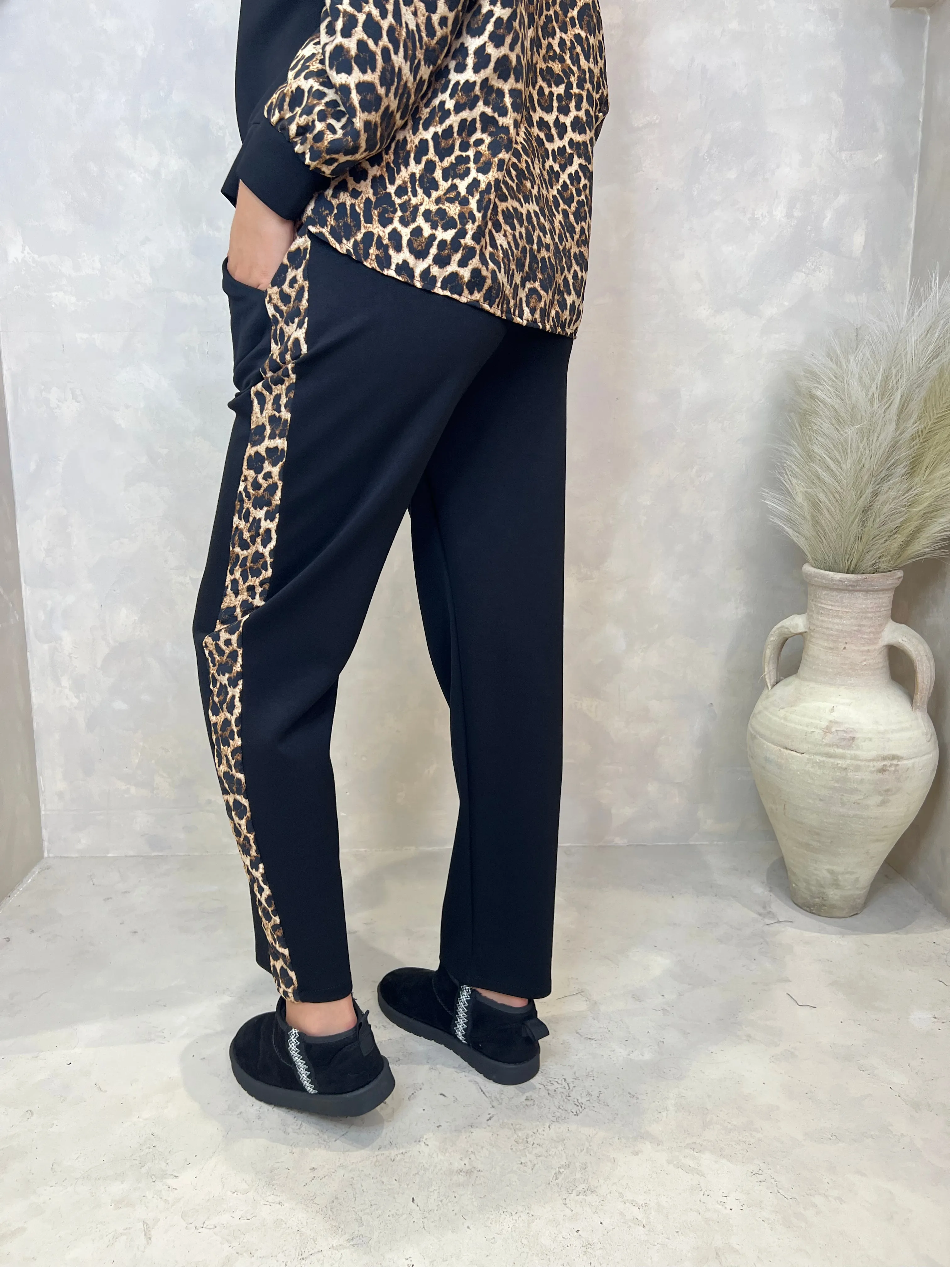 Black Leopard Print Trim Straight Leg Jogging Bottoms