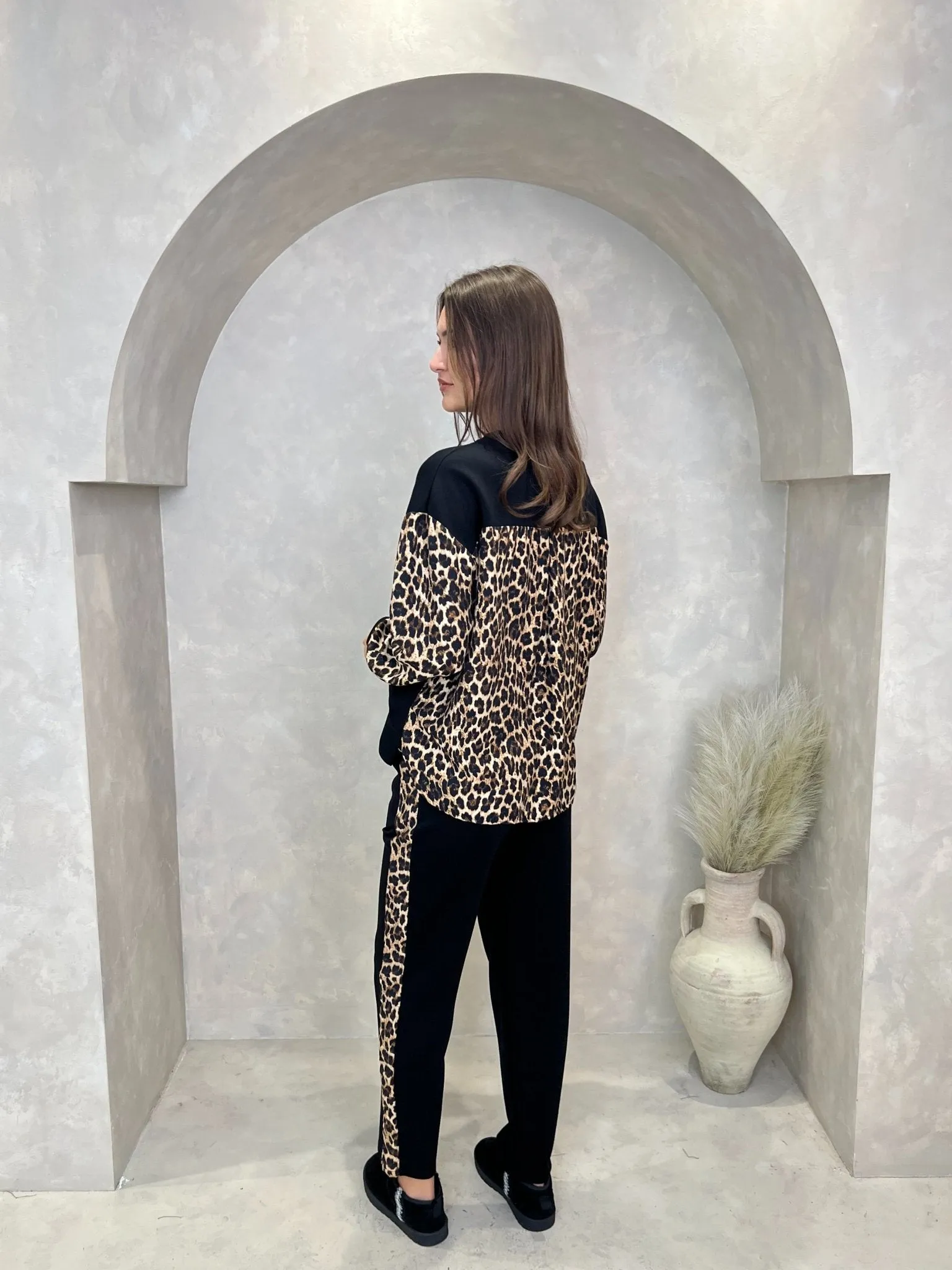 Black Leopard Print Trim Straight Leg Jogging Bottoms