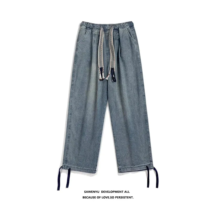 BONSIR  -  New Fashion Men Jeans Vintage Hip Hop Denim Pants Ethnic Pattern Drawstring Male Straight Loose Streetwear Baggy Cowboy Trousers