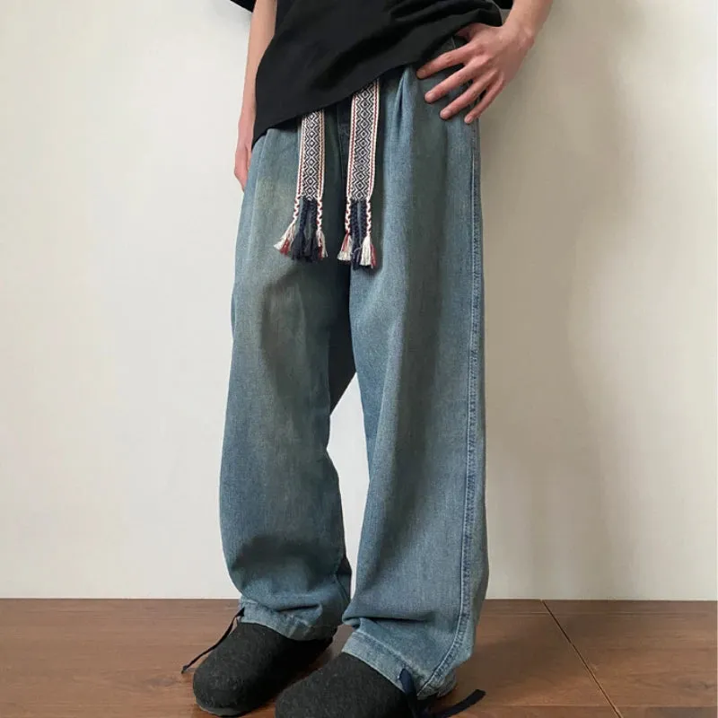 BONSIR  -  New Fashion Men Jeans Vintage Hip Hop Denim Pants Ethnic Pattern Drawstring Male Straight Loose Streetwear Baggy Cowboy Trousers