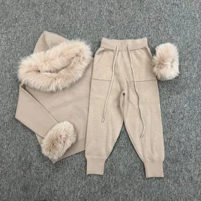 Childrens Beige Luxury Fur Trim Hood & Cuff Tracksuit