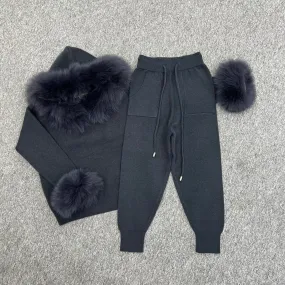 Childrens Charcoal Luxury Fur Trim Hood & Cuff Tracksuit