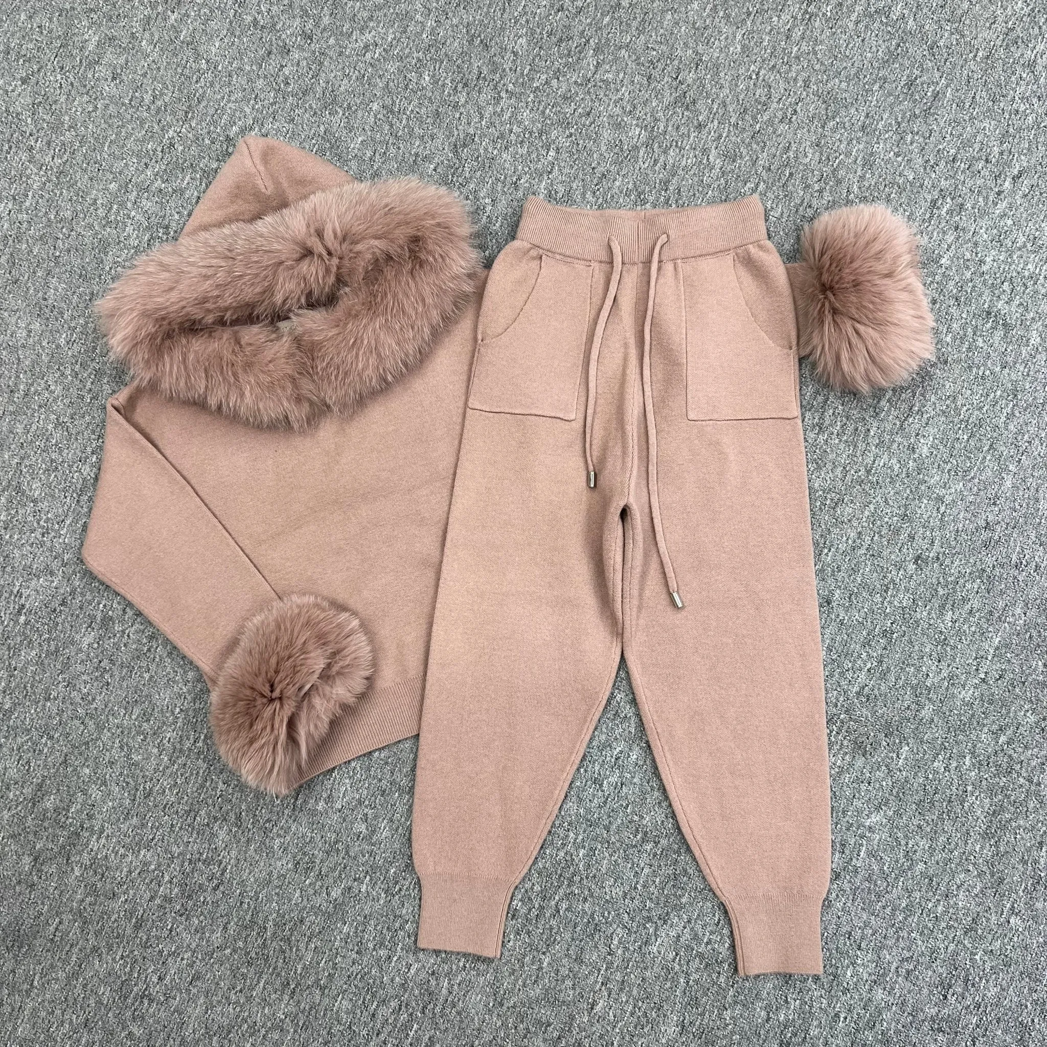 Childrens Taupe Luxury Fur Trim Hood & Cuff Tracksuit