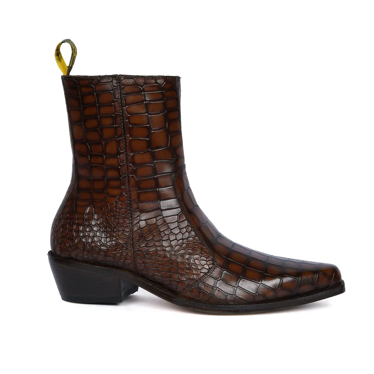 Cowboy Style Deep Cut Croco Tan Smokey Finish Cuban Heel Leather Chelsea Boots By Brune & Bareskin