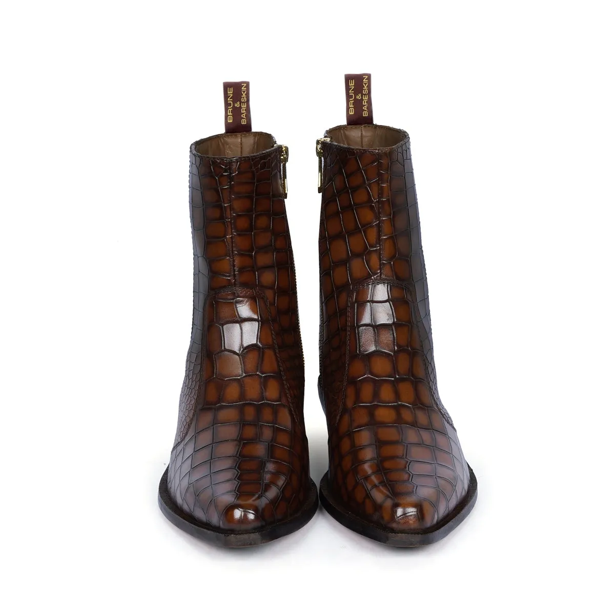 Cowboy Style Deep Cut Croco Tan Smokey Finish Cuban Heel Leather Chelsea Boots By Brune & Bareskin