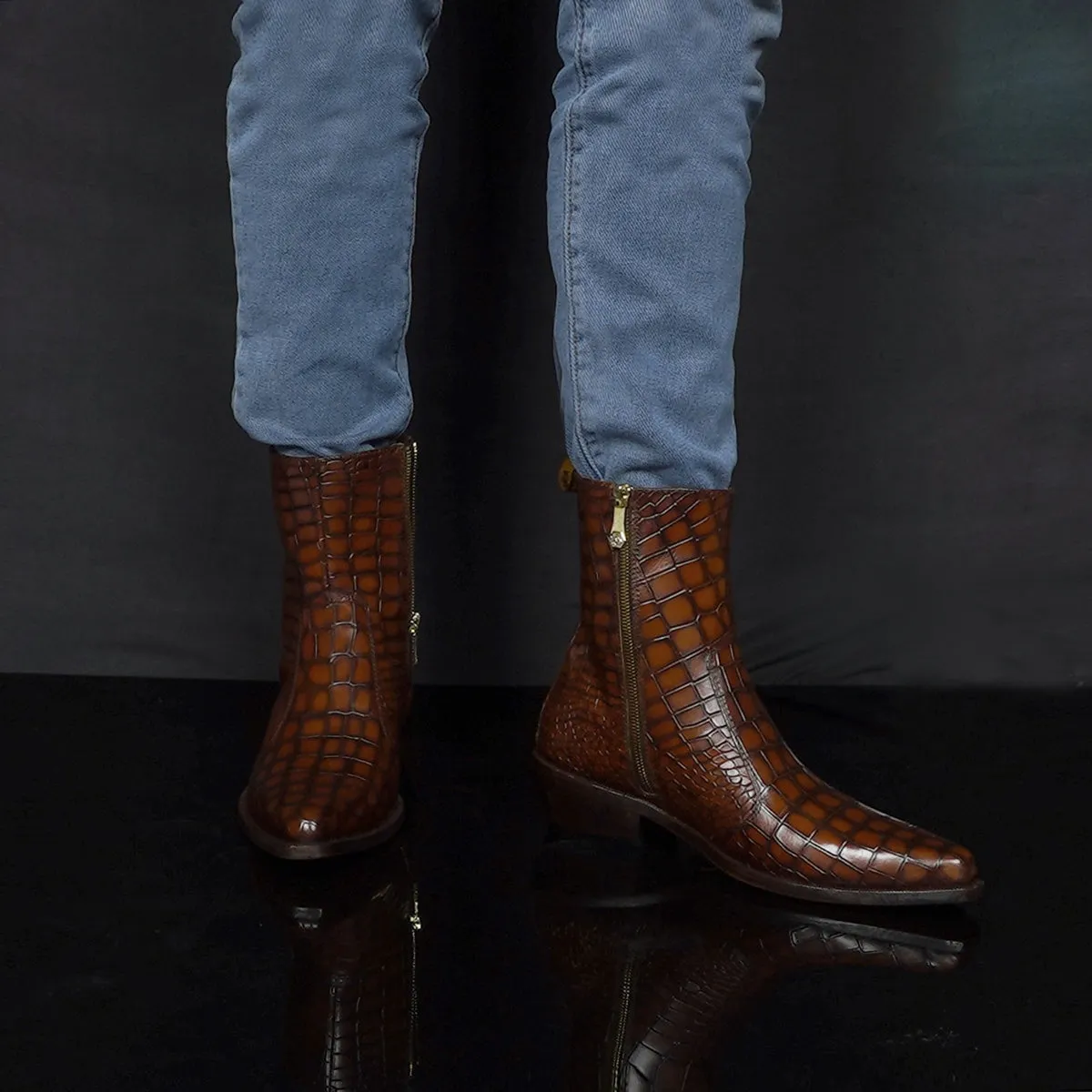 Cowboy Style Deep Cut Croco Tan Smokey Finish Cuban Heel Leather Chelsea Boots By Brune & Bareskin