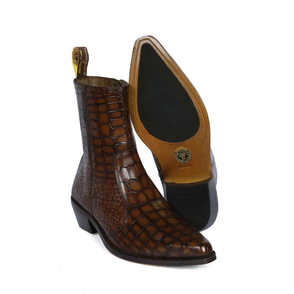 Cowboy Style Deep Cut Croco Tan Smokey Finish Cuban Heel Leather Chelsea Boots By Brune & Bareskin