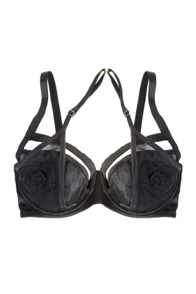 Effie Black Satin and Mesh Applique DD/E-K Bra