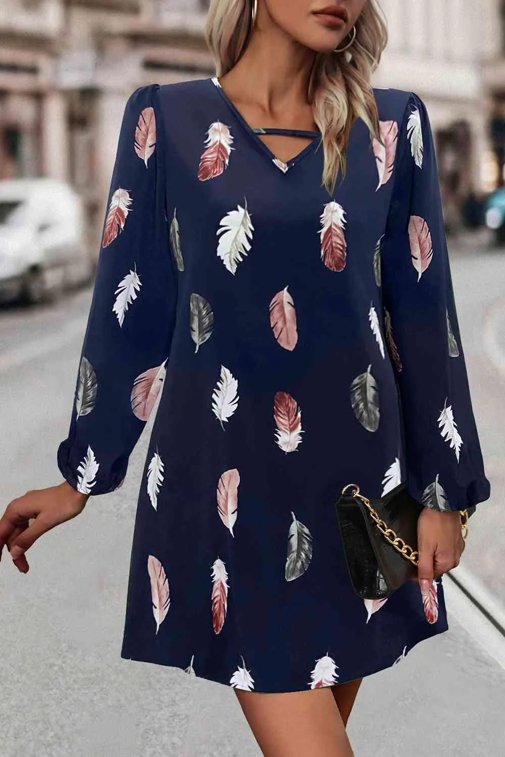 Feather Print V-Neck Dress