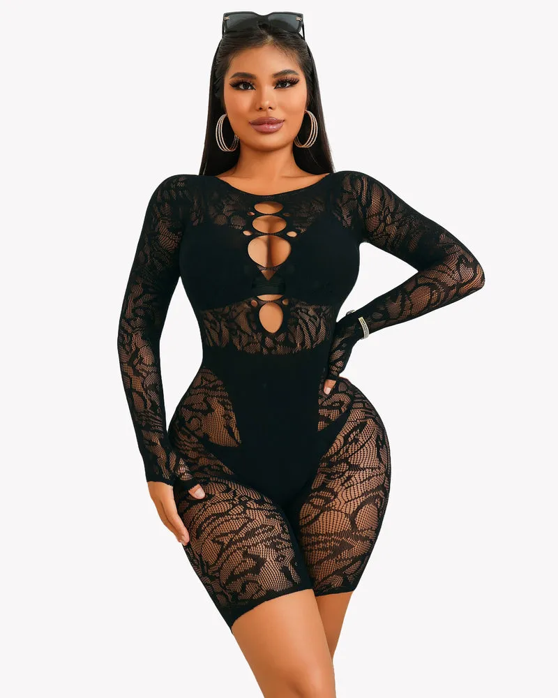 Fishnet Bodysuit Lace Cut Out Teddy Dress