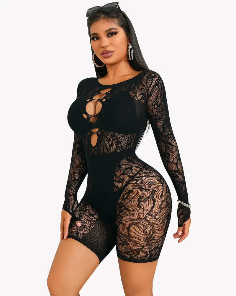 Fishnet Bodysuit Lace Cut Out Teddy Dress