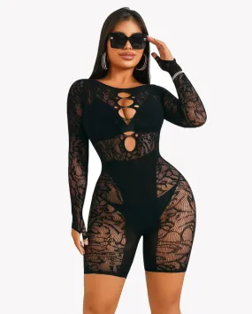 Fishnet Bodysuit Lace Cut Out Teddy Dress