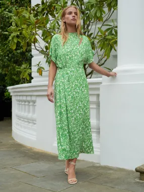 Green Ditsy Print Tuck Waist Midi Dress