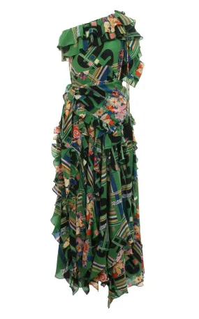 Green Floral Check-Print Ruffled Silk Gown