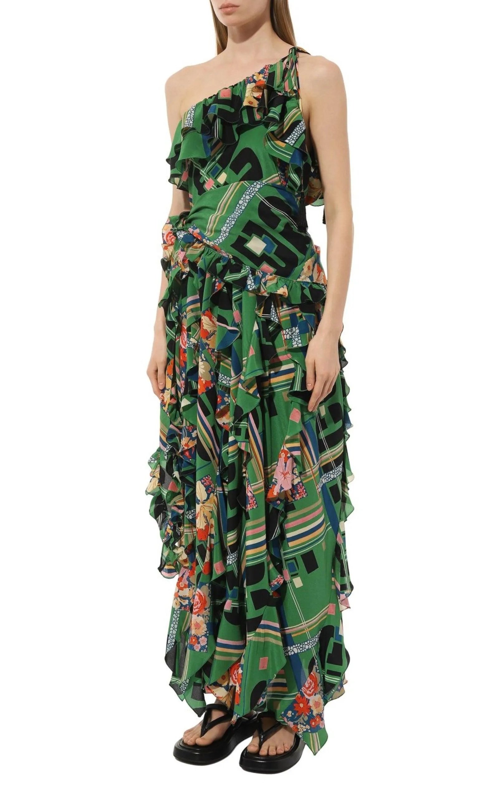 Green Floral Check-Print Ruffled Silk Gown