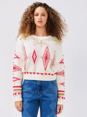 Intarsia Diamond Beaded Cotton Jumper White