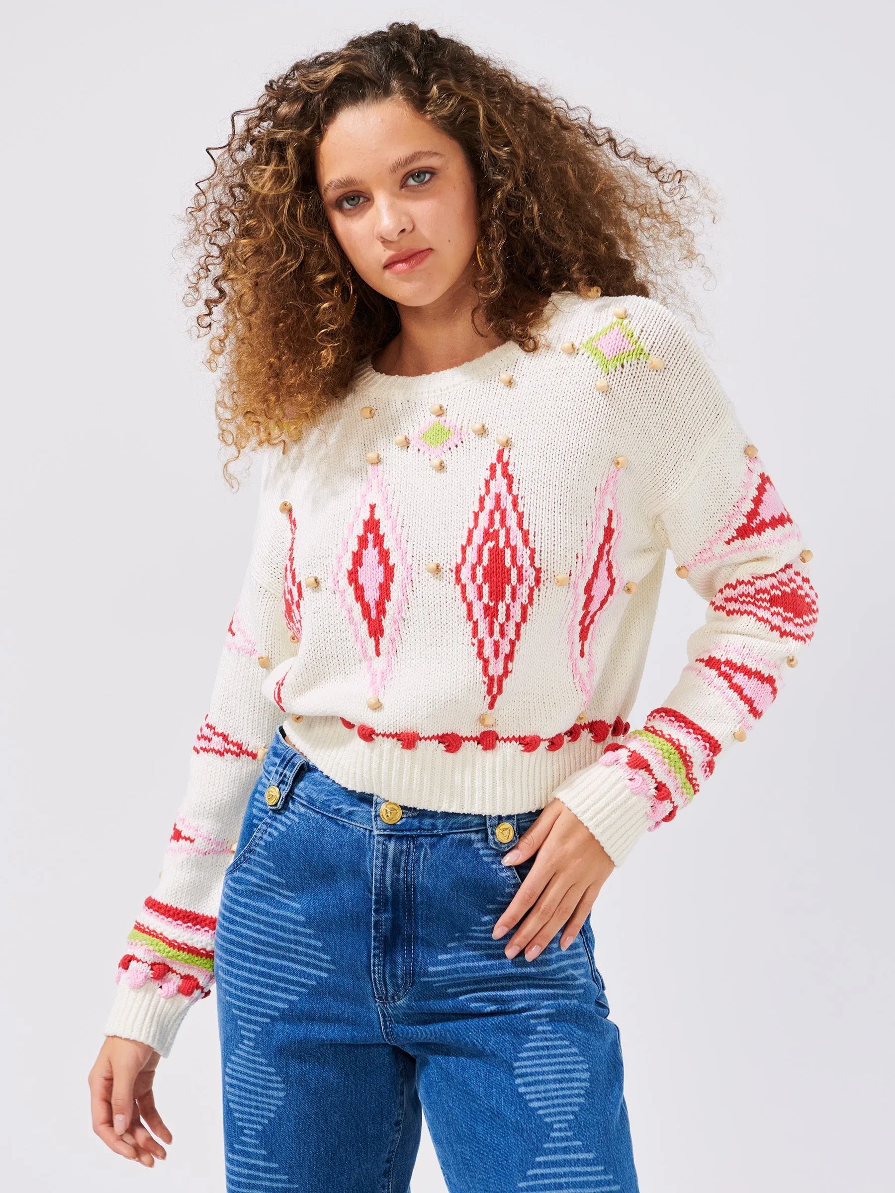 Intarsia Diamond Beaded Cotton Jumper White