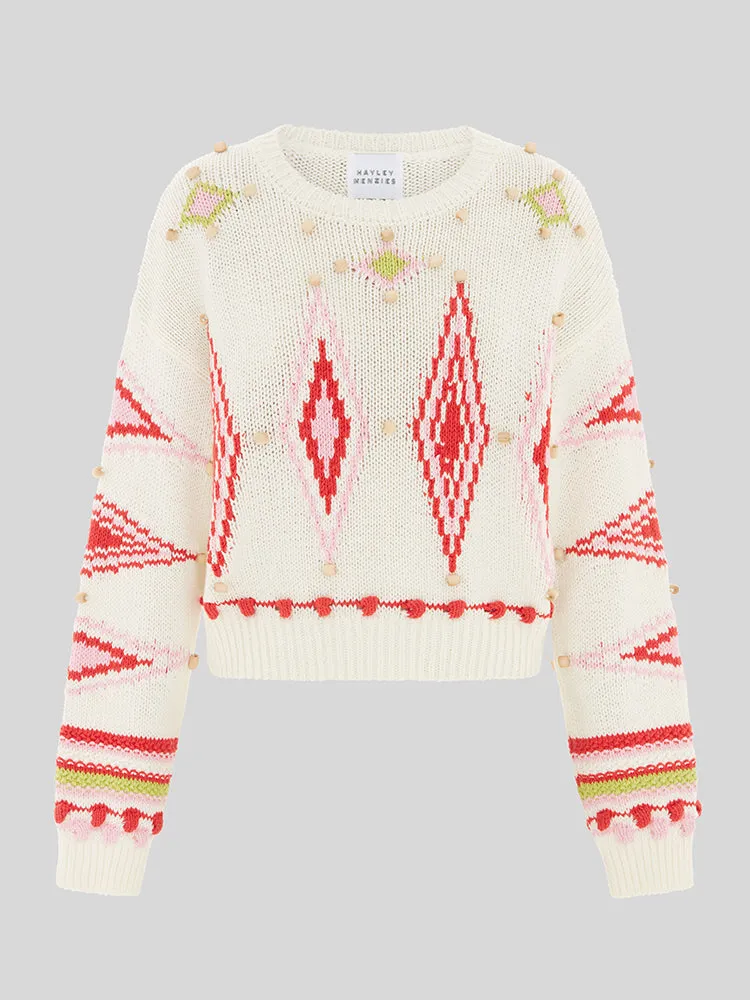 Intarsia Diamond Beaded Cotton Jumper White