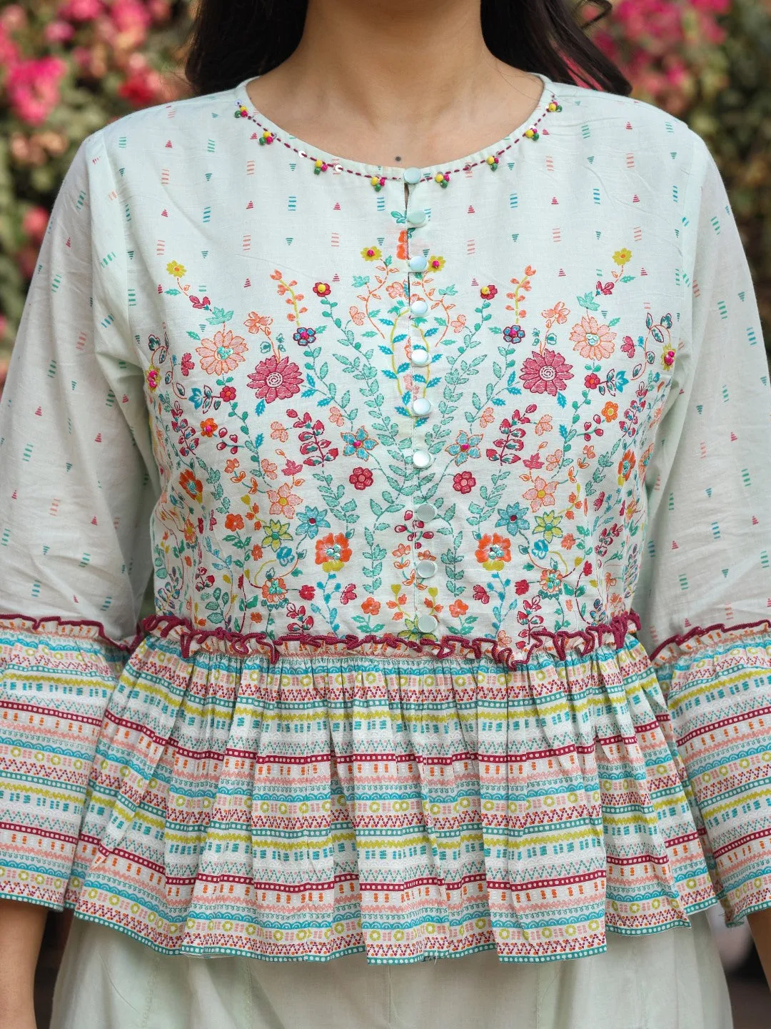 Juniper Mint Floral Printed Peplum Co-Ord Set With Kantha Work & Beads