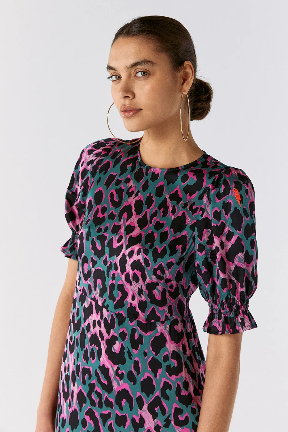 Khaki with Pink and Black Shadow Leopard Flute Sleeve Midi Dress