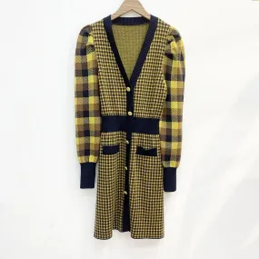 Korean Vintage Yellow Plaid Dresses for Women Designers Autumn Winter Clothes 2022 Fashion Elegant Long Sleeve Mini Dress