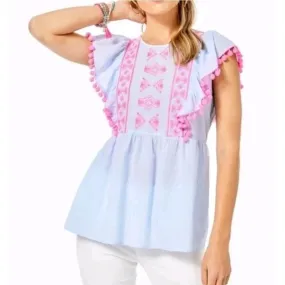 Lilly Pulitzer Raquelle top in Bluebell Blue Swiss Dot Dobby Chambray