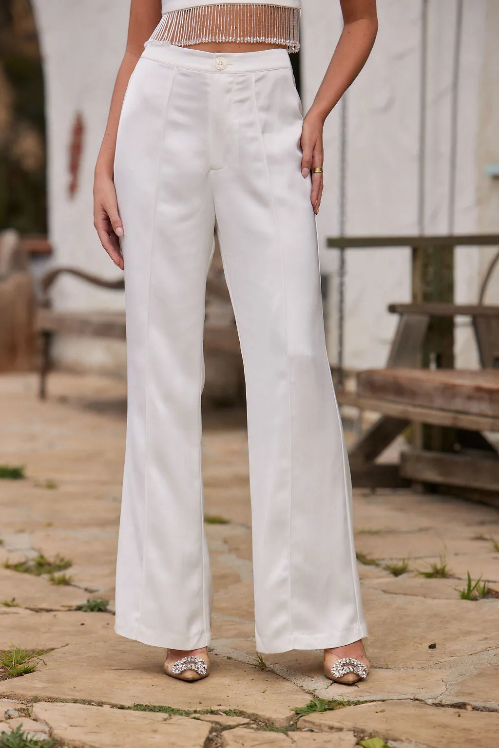 Madison White Satin Trousers