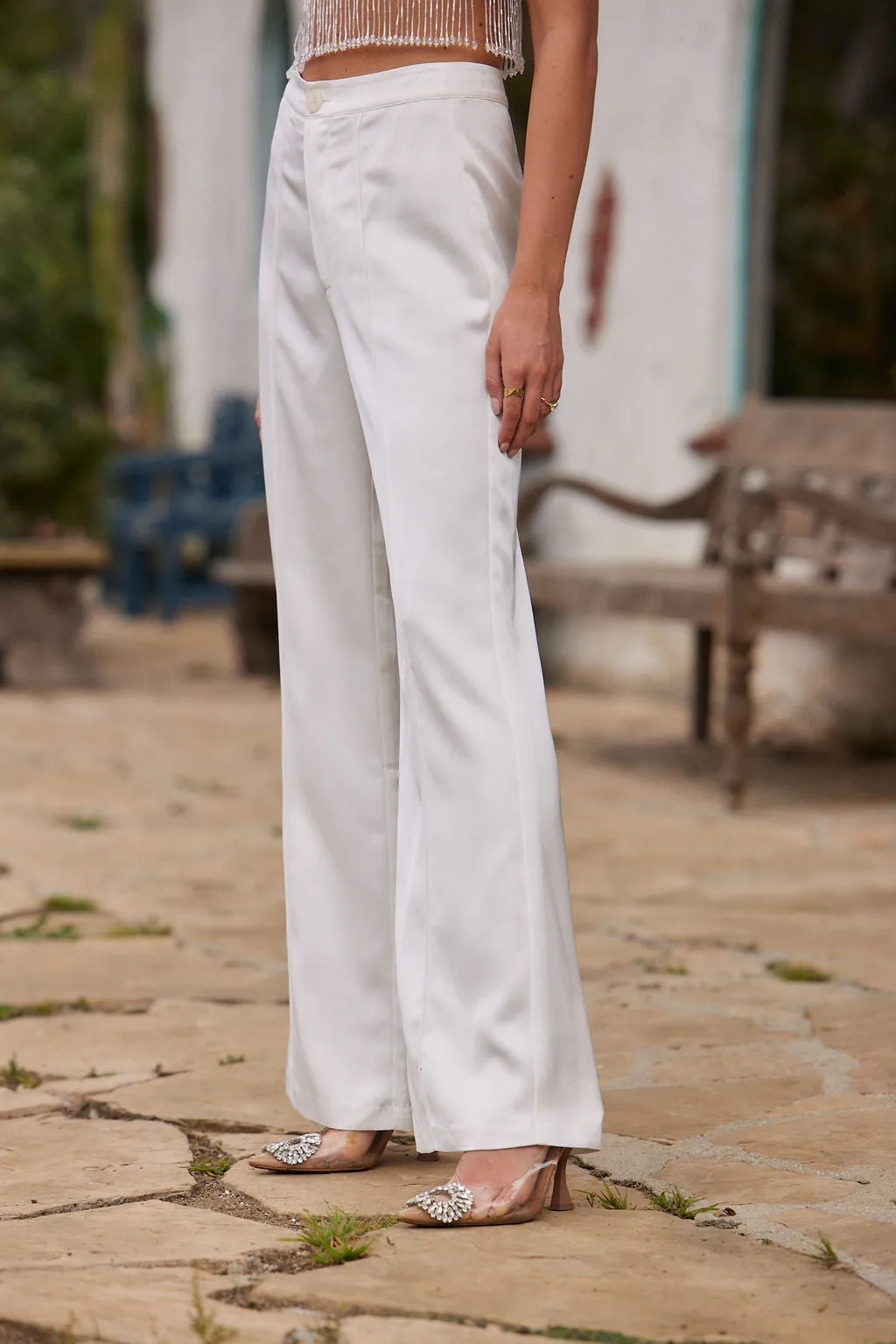 Madison White Satin Trousers