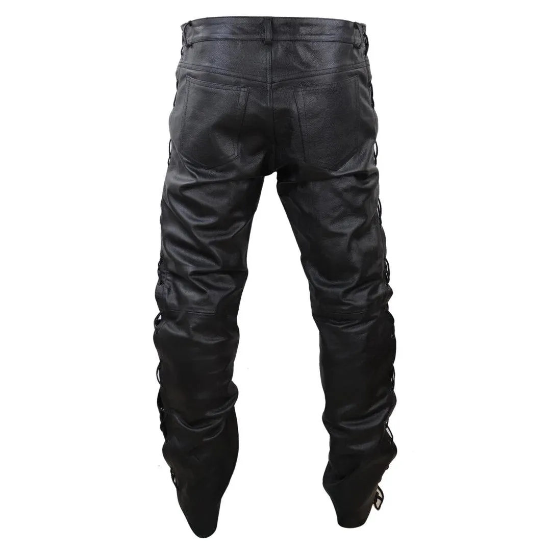 Mens Real Leather Biker Jeans Laced Tassel Western Cowboy Riding Pants Trousers