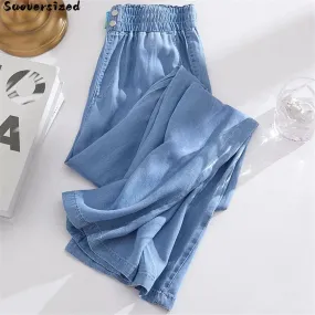 Oversize 4xl Ice Silk Baggy Jeans Summer Thin Streetwear High Waist Denim Pants Women Korean Casual Vintage Wide Leg Vaqueros