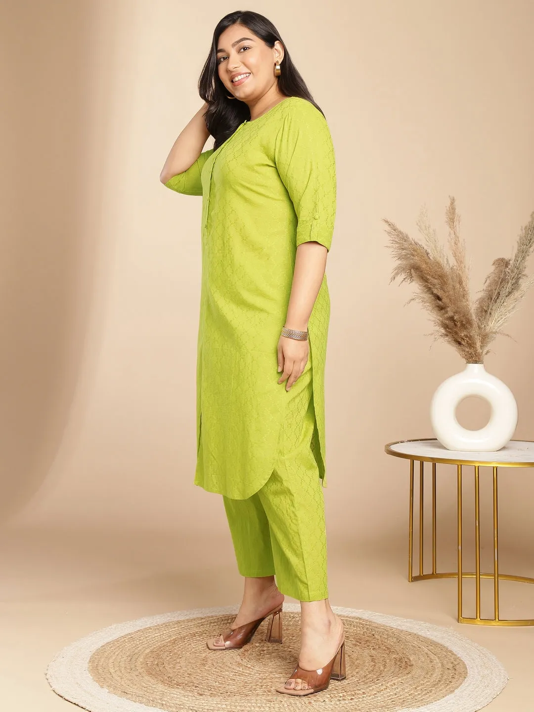 Plus Size Lime Green Cotton Jacquard Self Design Co-Ord Set