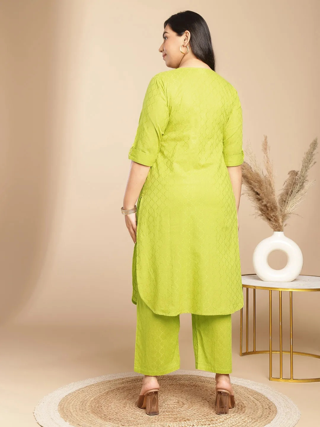 Plus Size Lime Green Cotton Jacquard Self Design Co-Ord Set