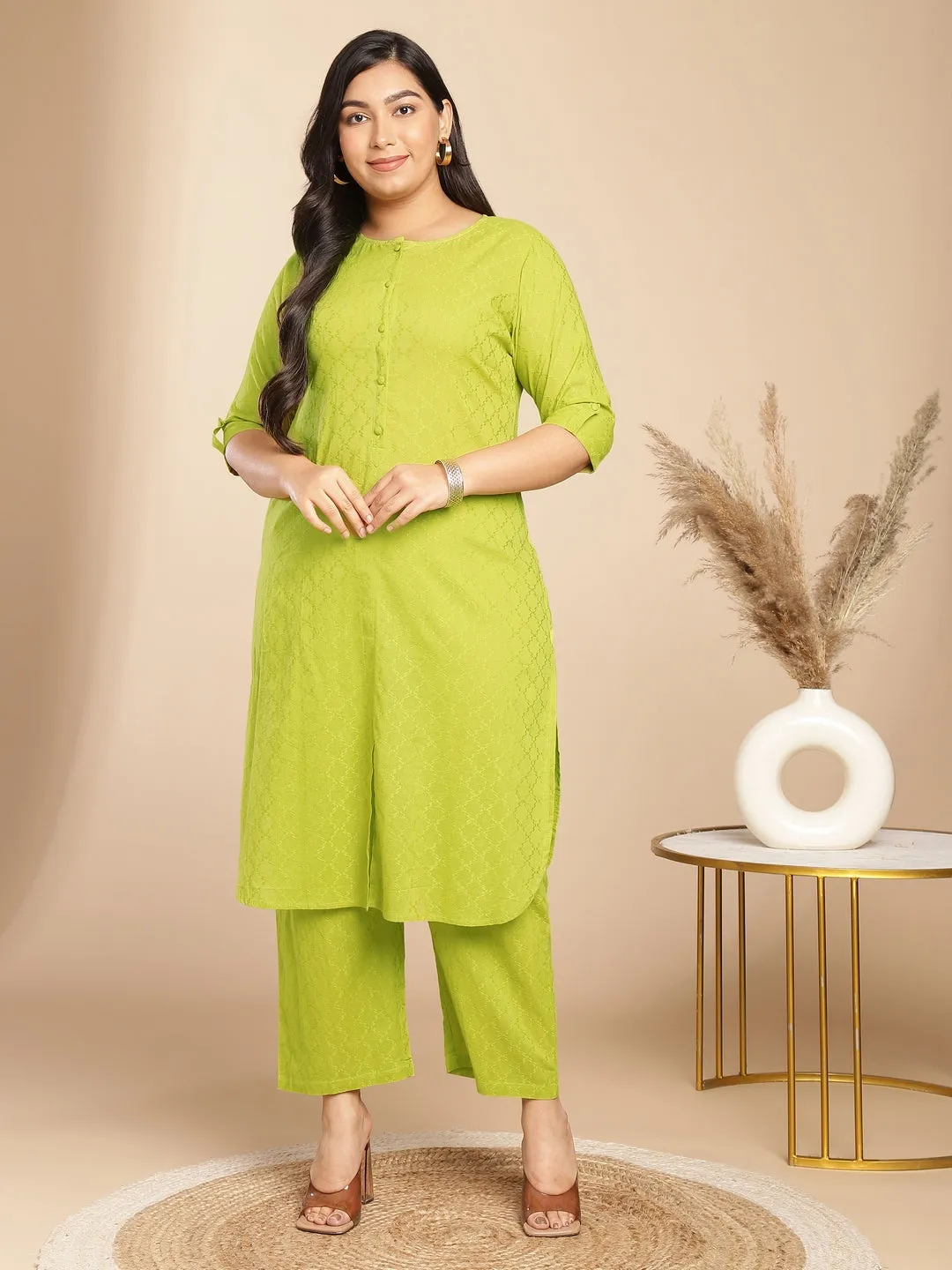 Plus Size Lime Green Cotton Jacquard Self Design Co-Ord Set