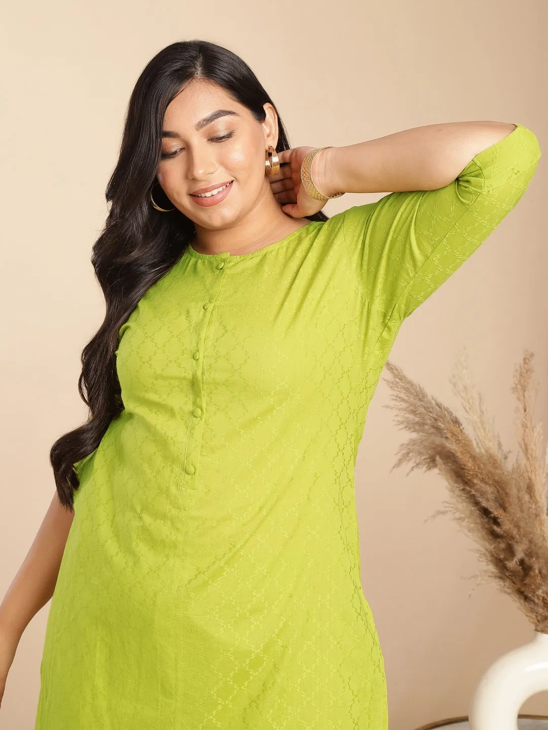 Plus Size Lime Green Cotton Jacquard Self Design Co-Ord Set