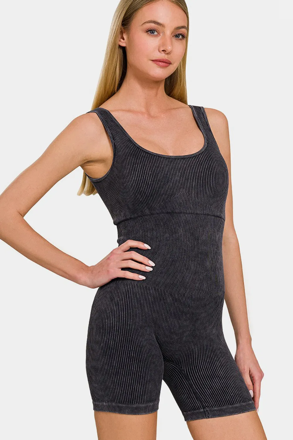 Washed Ribbed Romper with Pad - Online Exclusive